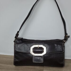 Sleek Black Shoulder Bag with Flap and Silver Buckle